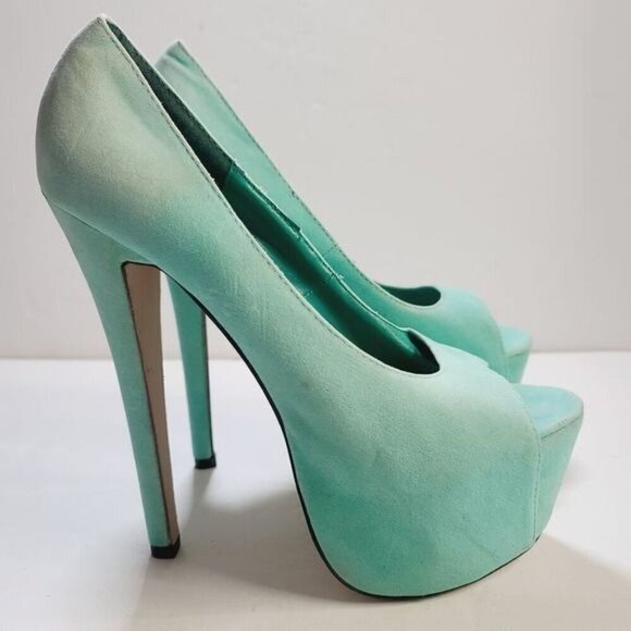 Mint Green Faux Suede Sky High 7" Stiletto Platform Peep Toe Heels - Picture 1 of 15